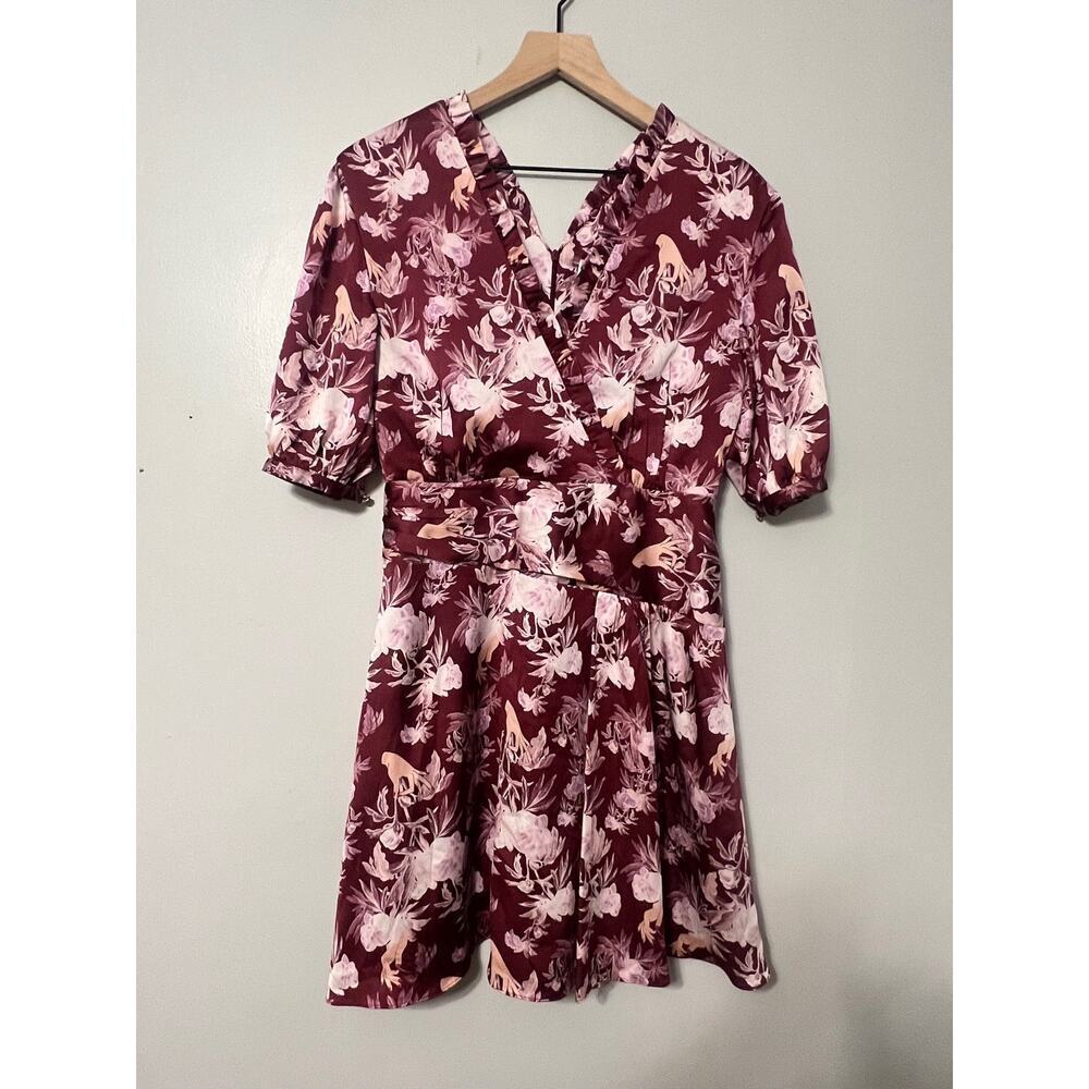 Three Floor purple print faux wrap satin mini dress size 8 NWT